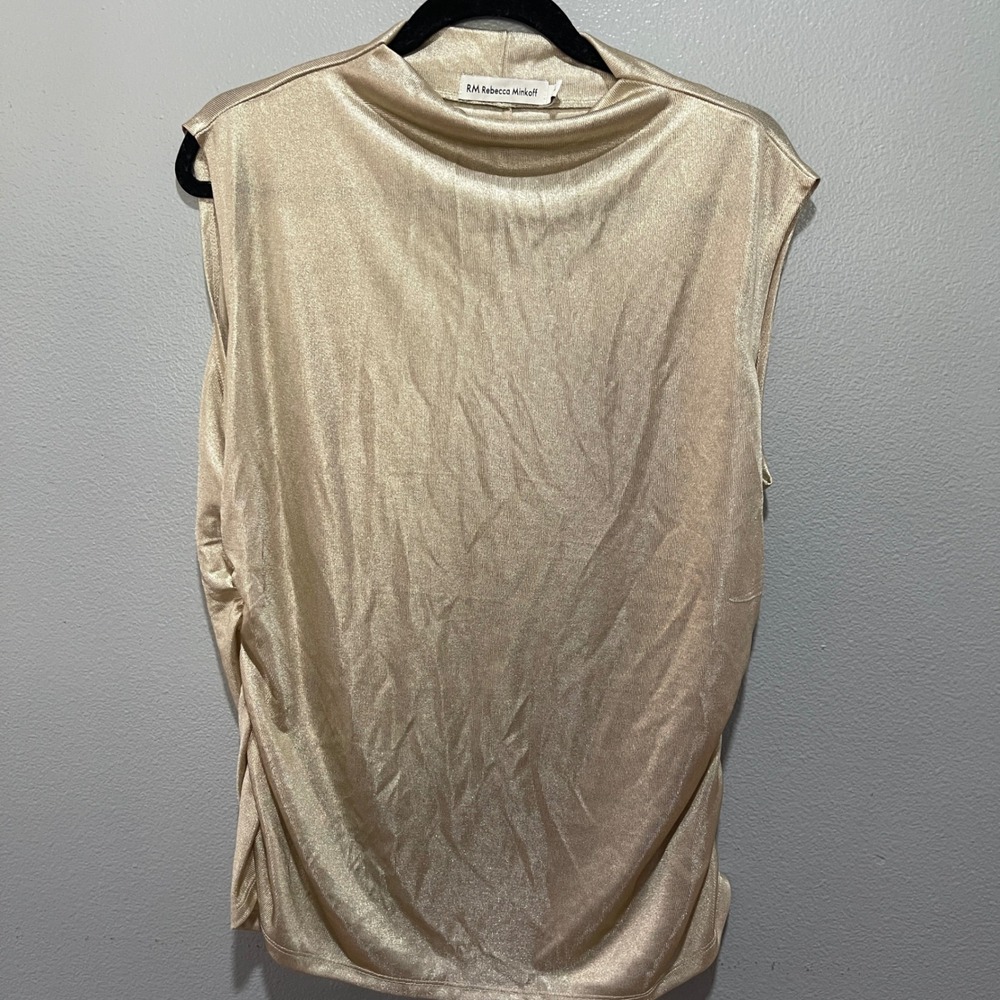 M by Rebecca Minkoff Womne's XL Mock Neck Gold Metallic Sleeveless Blouse Ruched